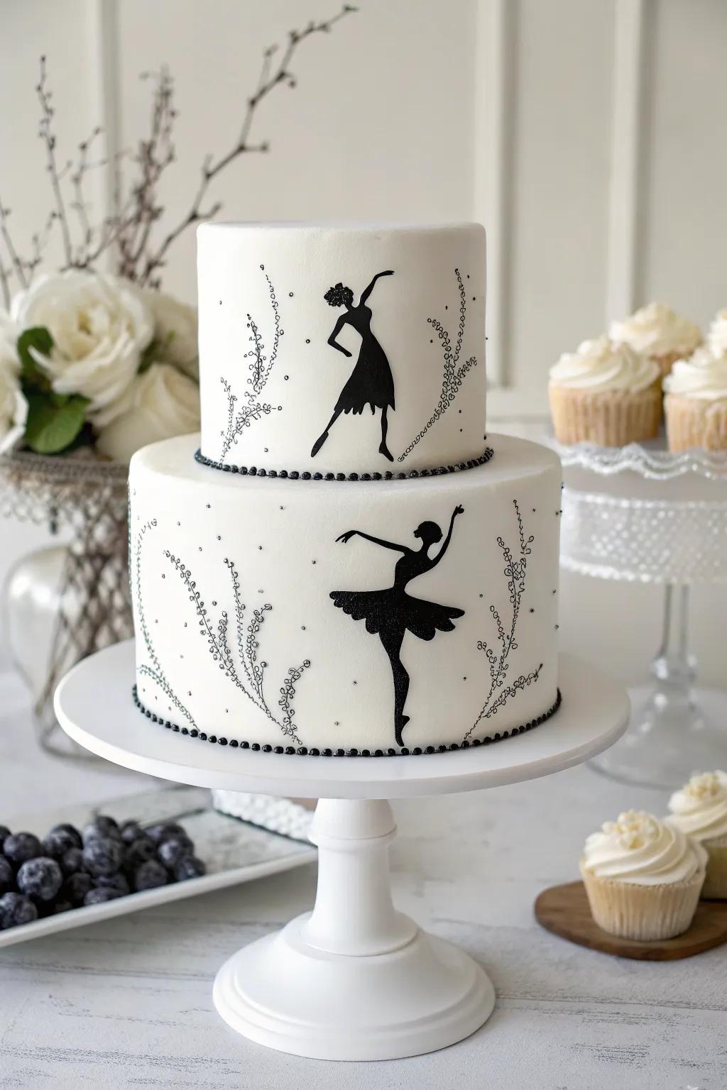 Minimalist dance-themed cake in monochrome.