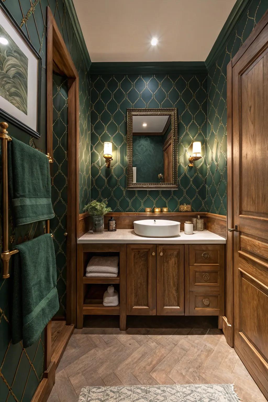 Dark green wallpaper adds a touch of nature and elegance.