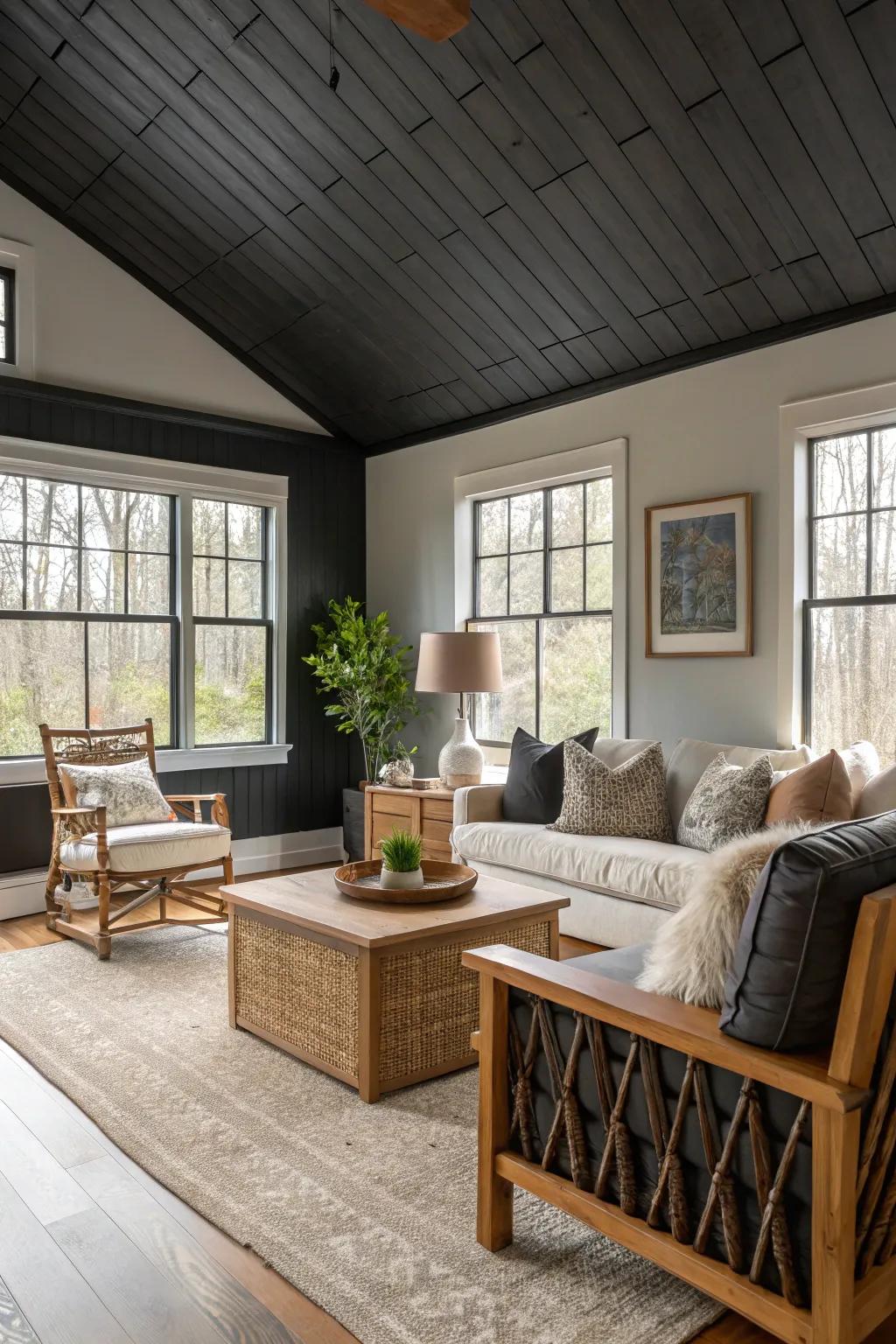 A family room with a soothing black ceiling that adds warmth and coziness.