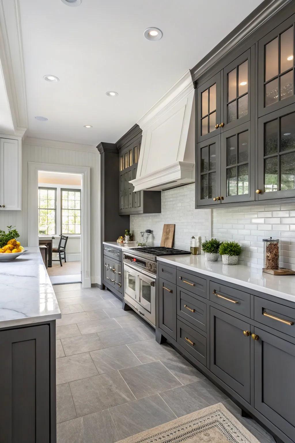 White walls balance out the boldness of dark gray cabinets.