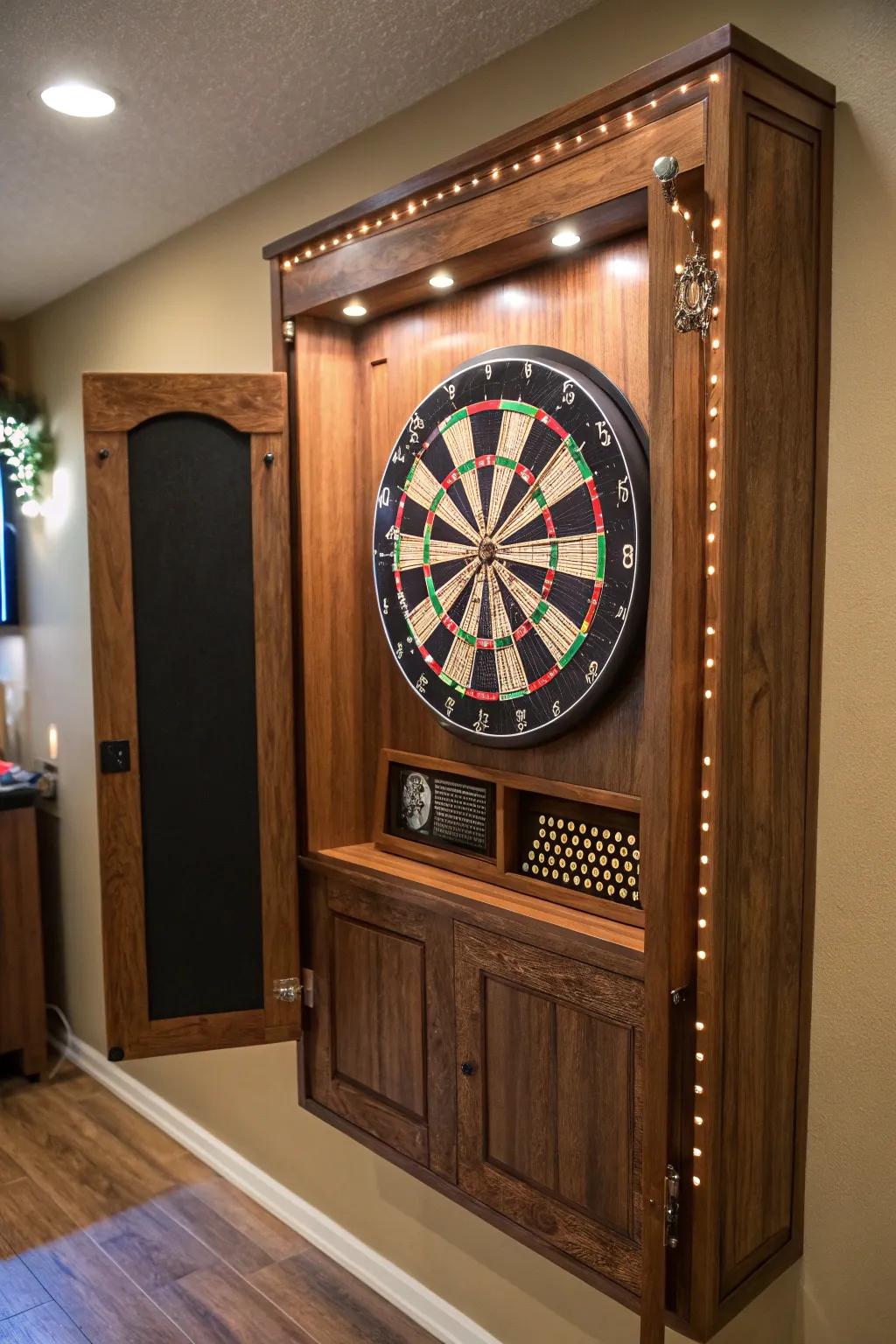 Illuminate your game with style: A handcrafted LED backlit frame that protects and showcases your dartboard.