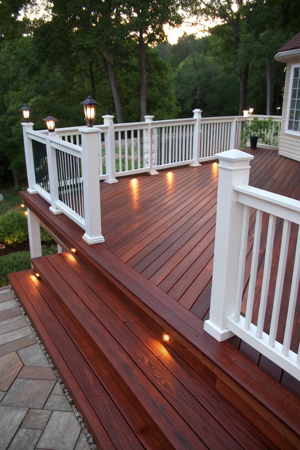 Elevate your outdoor space with the perfect contrast: deep mahogany and crisp white. Discover the art of deck building.