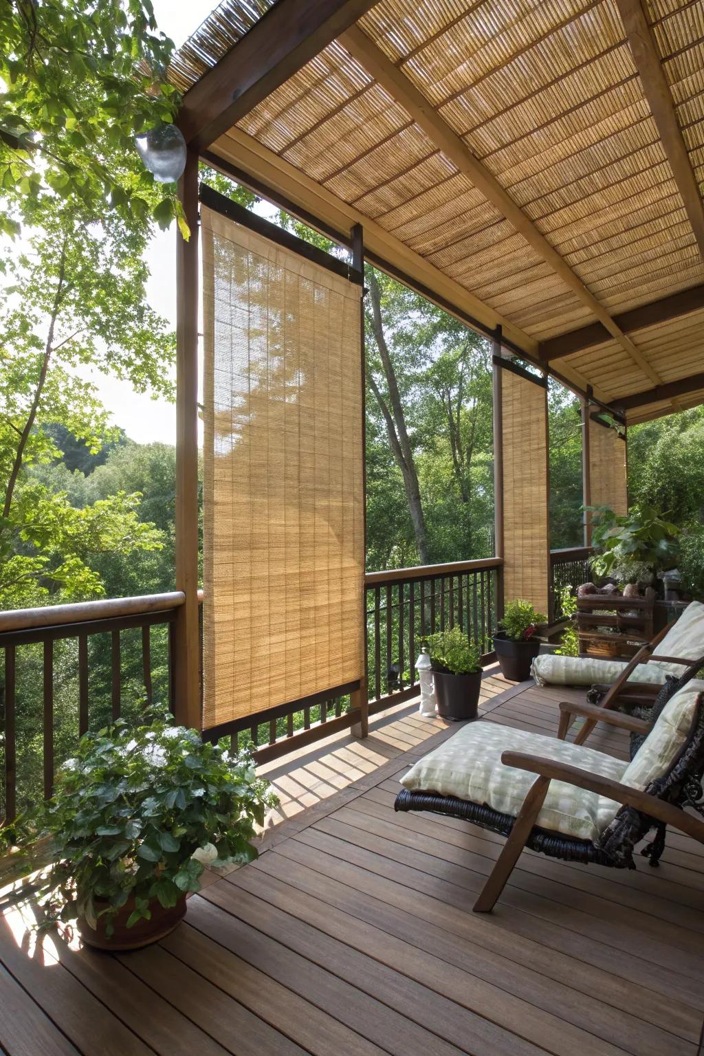 Bamboo shades offer adjustable privacy and light control on this cozy deck.