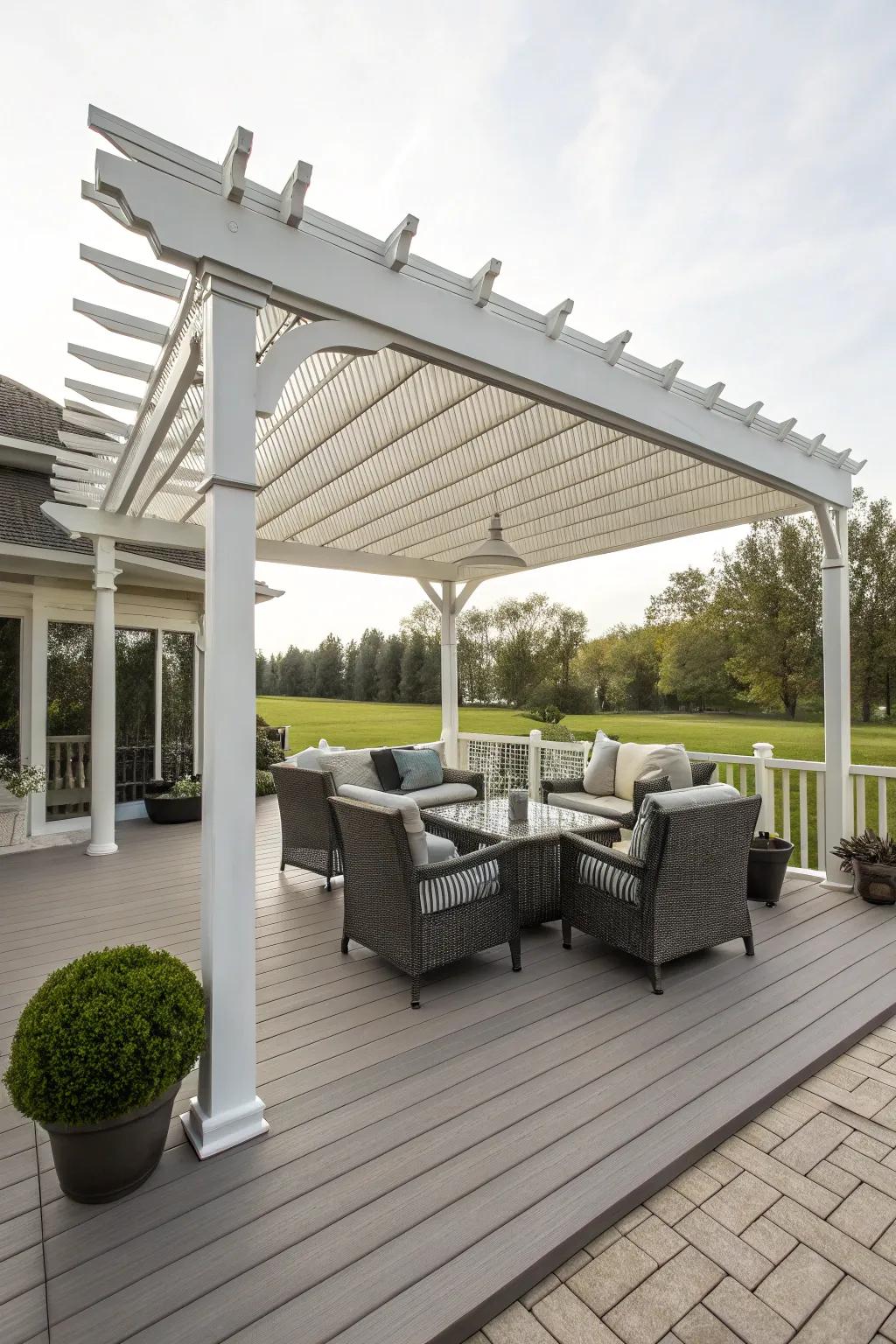 Vinyl pergolas offer durability and style with minimal upkeep.