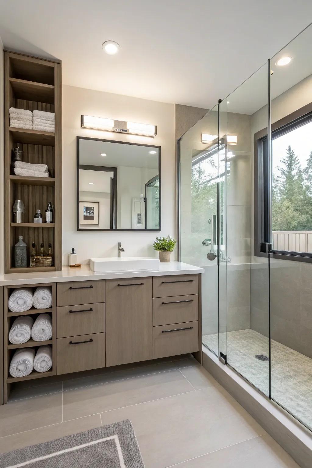 Smart storage keeps this bathroom neat and functional.