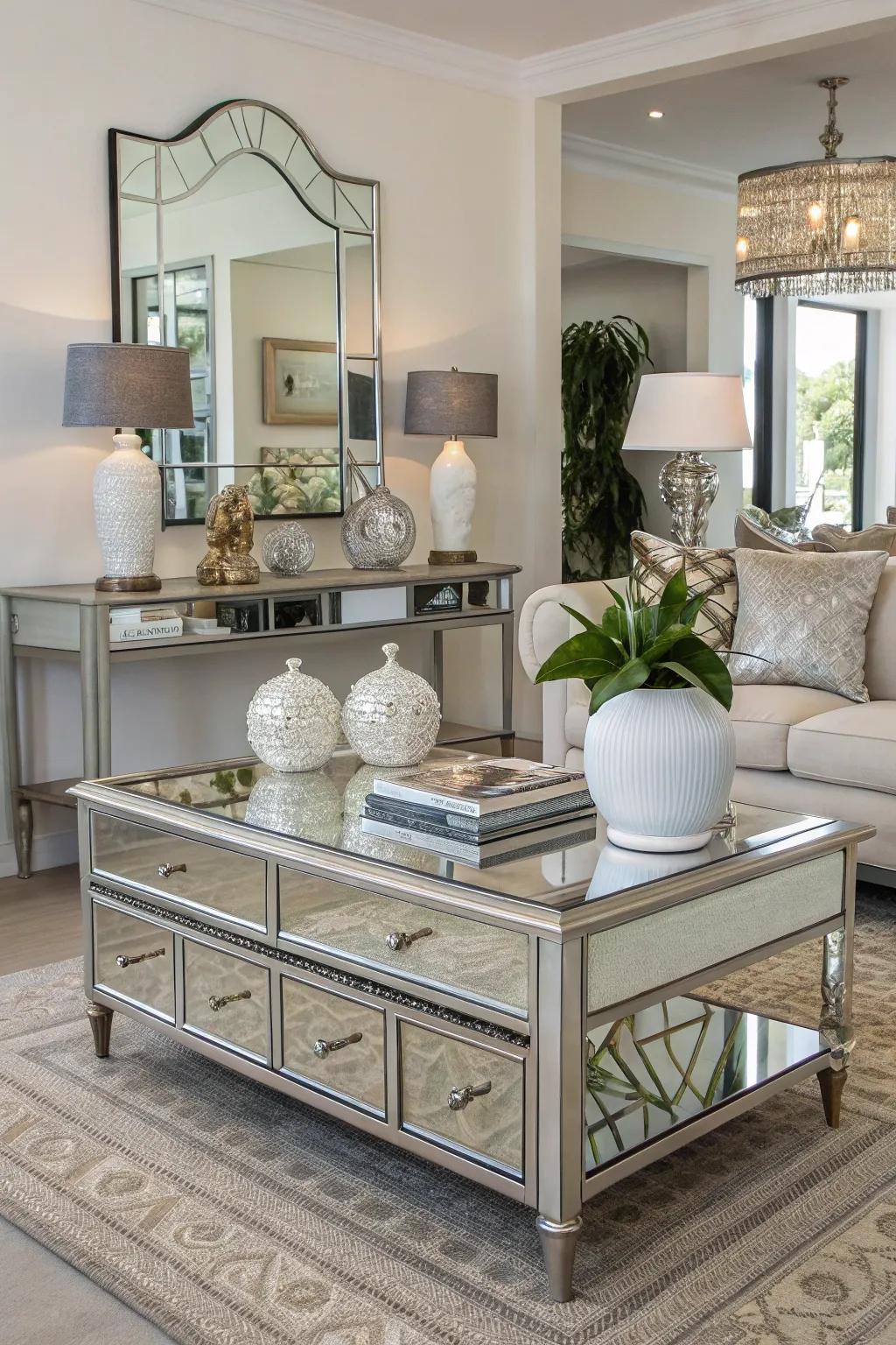 Mirrored furniture adds elegance and depth.