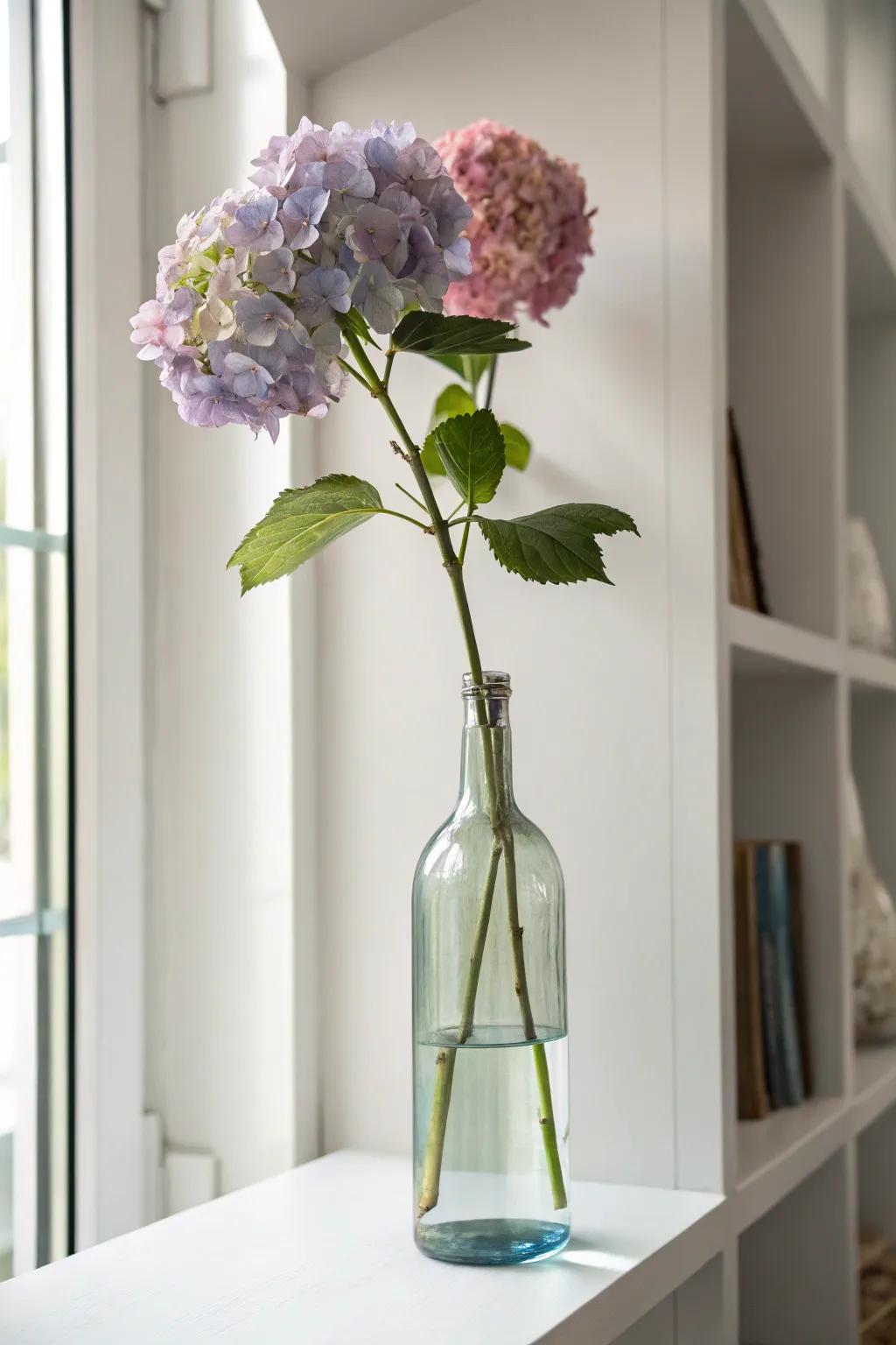 A single hydrangea in a tall bottle adds a minimalist touch.