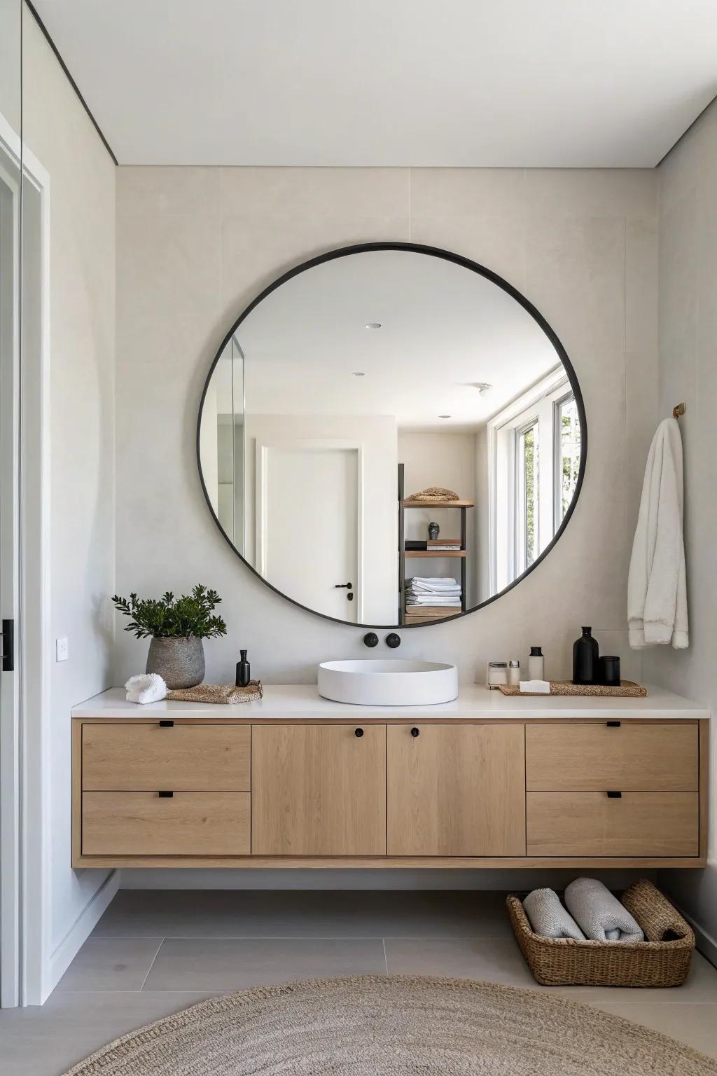 A frameless round mirror for a sleek and minimalist aesthetic.