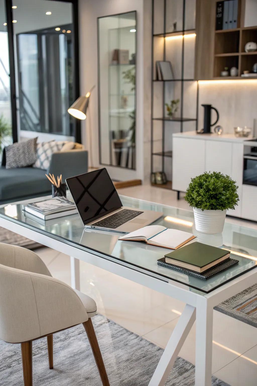 A glass top desk creating a spacious, airy vibe.