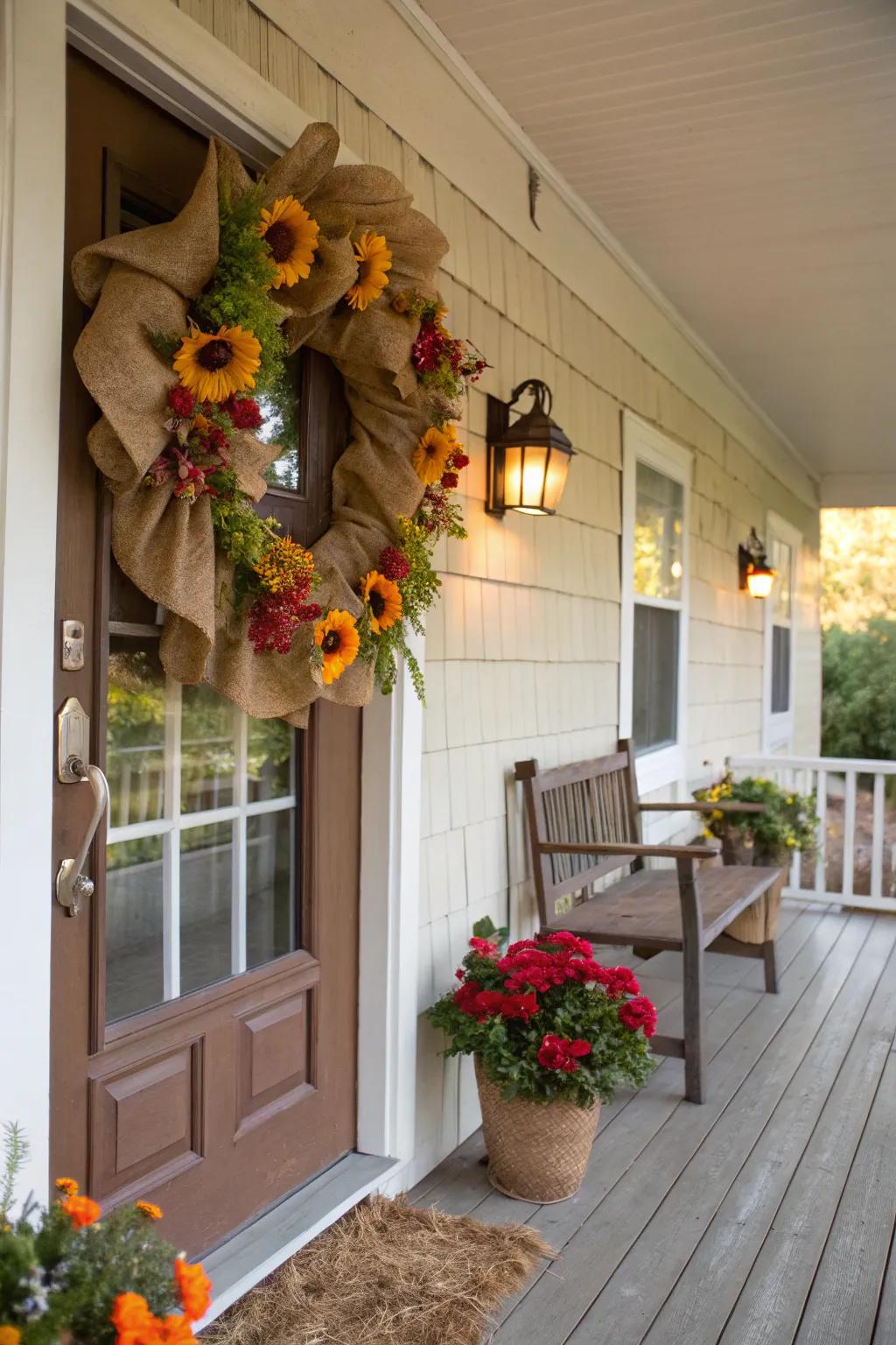 Rustic meets vibrant in a burlap and bright flower wreath.