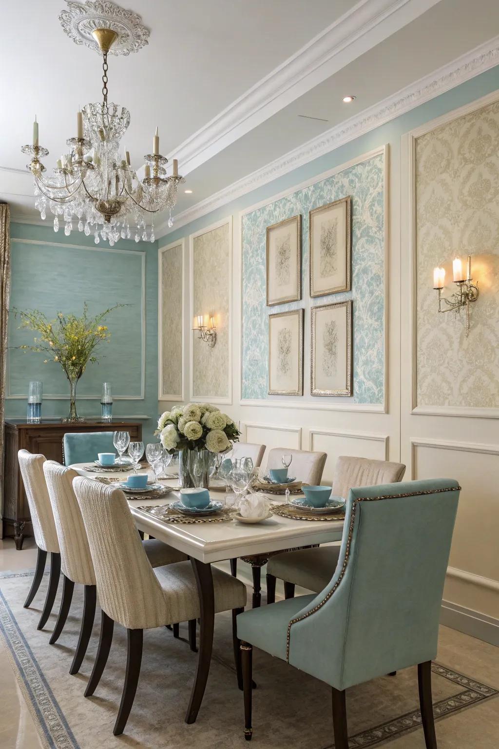 A two-tone color scheme adds depth and interest to the dining room.