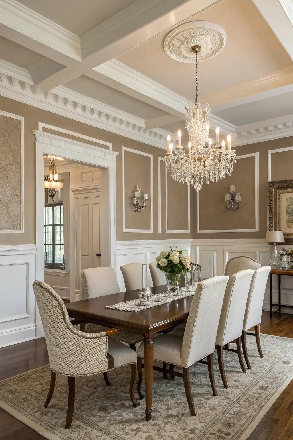 A timeless dining room with neutral taupe and white hues.