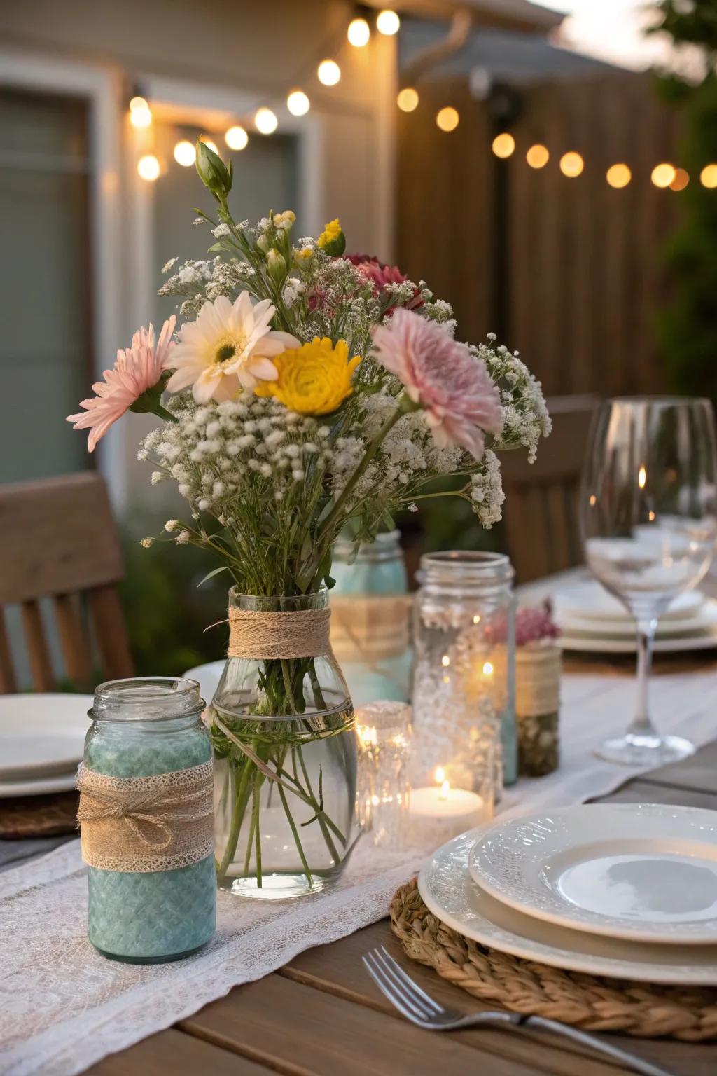 A creative centerpiece featuring upcycled glass jars transformed into decorative vases with flowers.