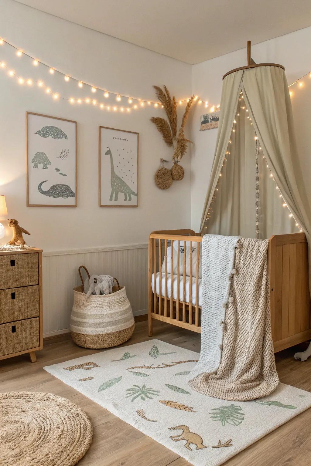 Natural neutrals create a cozy and timeless dinosaur-themed nursery.