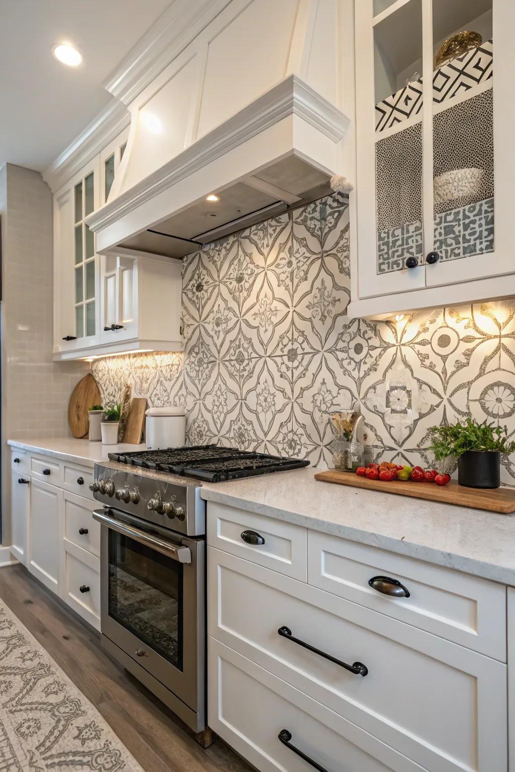 Painted patterns on tiles offer a custom backsplash design.