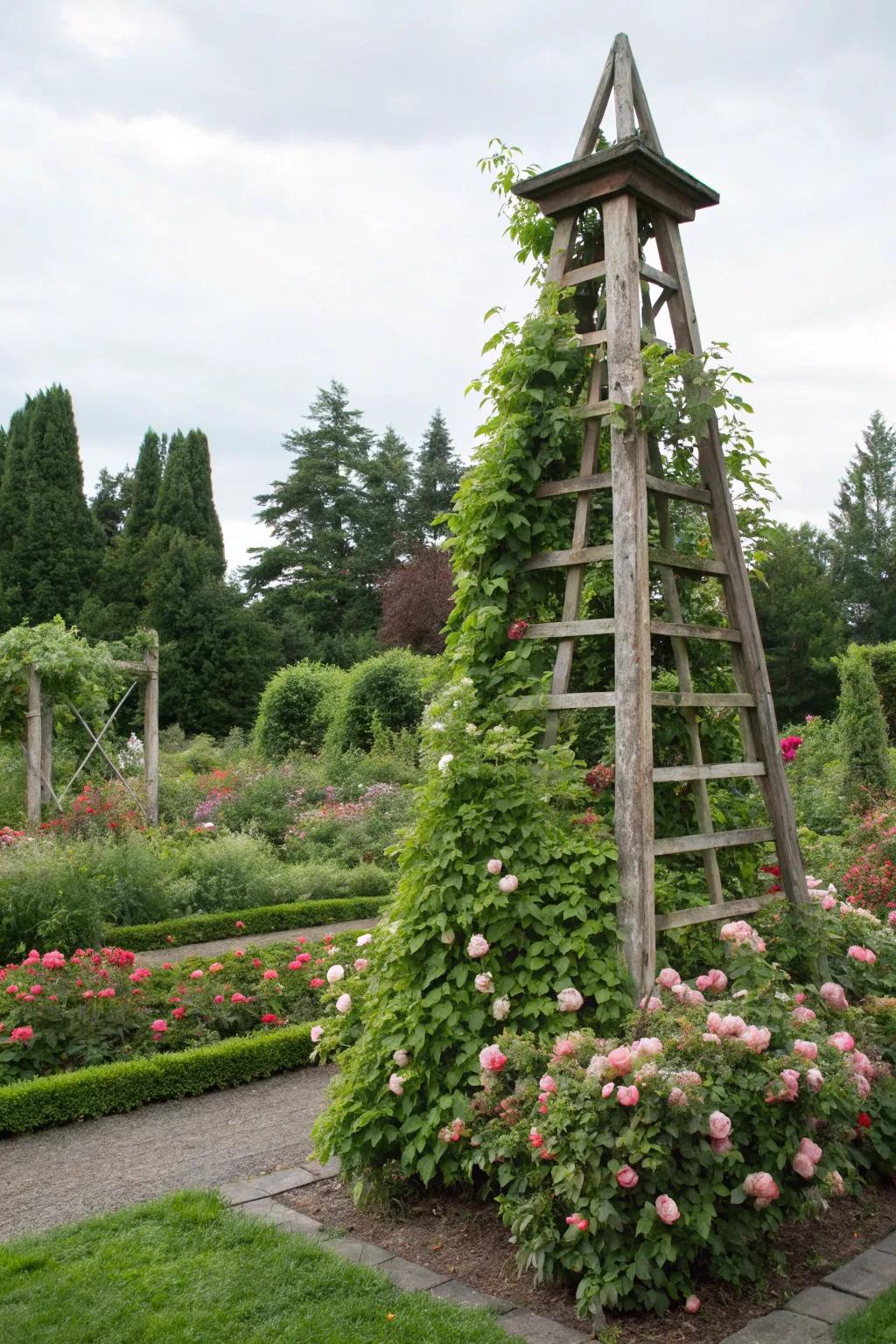 Wooden obelisks add height and elegance to garden spaces.