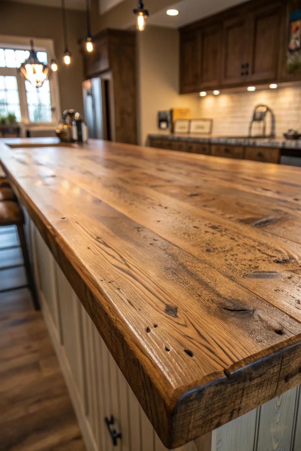 Transform your space with a reclaimed wood countertop, where history meets craftsmanship.