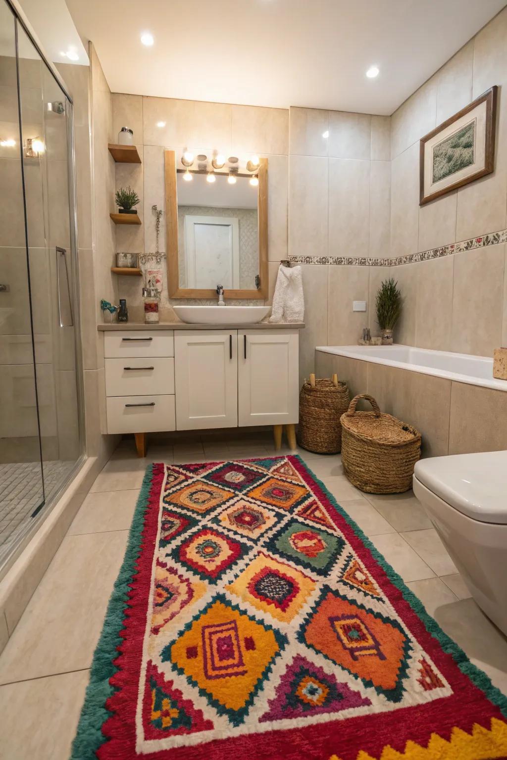 A bathroom rug adds warmth and a splash of color.