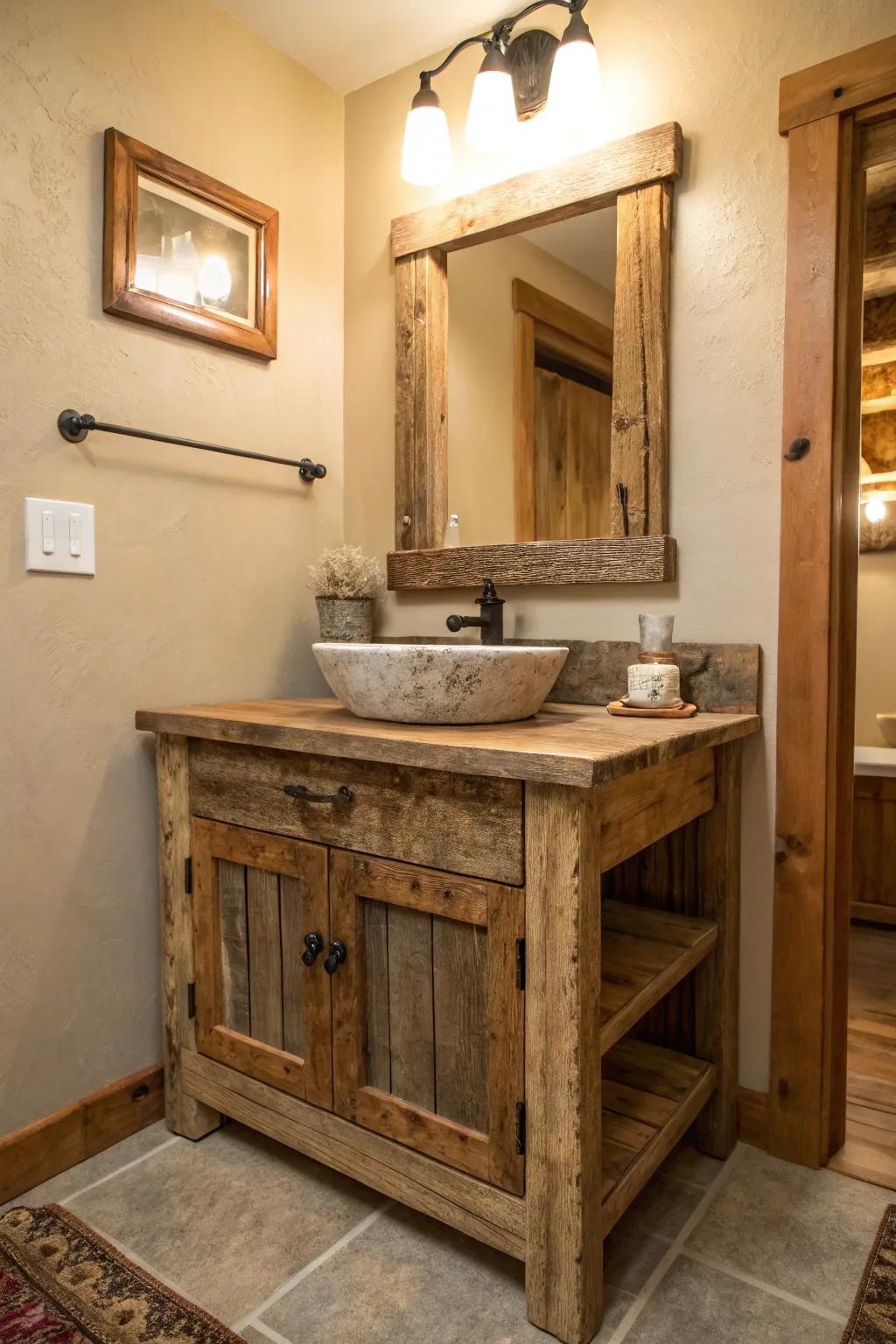 Rustic finishes add warmth and charm to bathroom vanities.