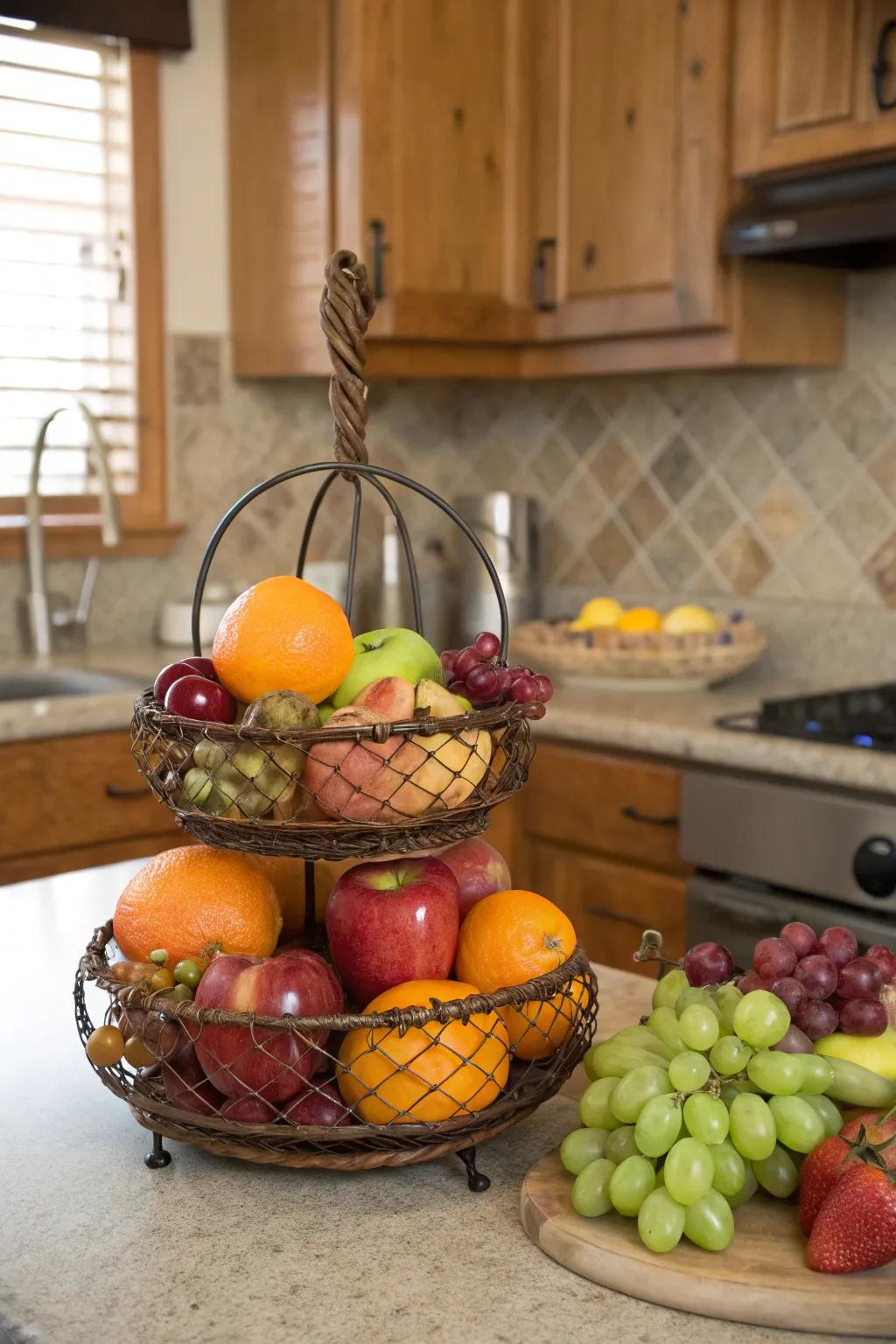 A charming and rustic fruit basket crafted from a bed spring.