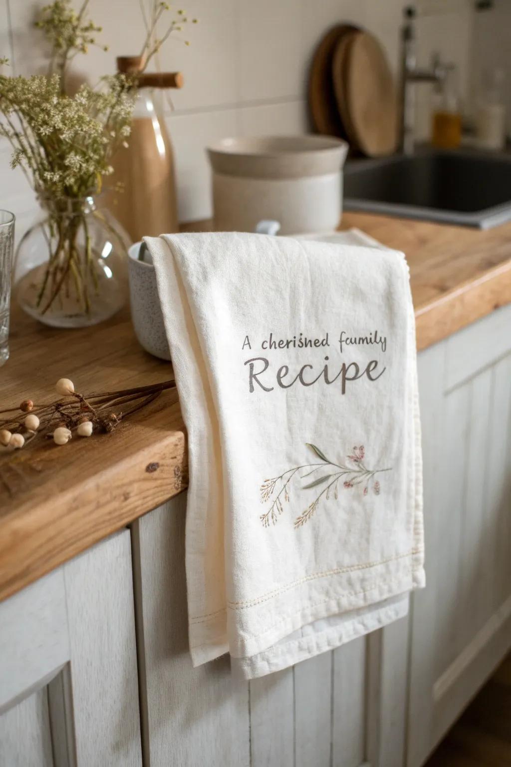 Transform a simple kitchen towel into a treasured keepsake with a handwritten recipe, perfect for celebrating the bond of friendship.