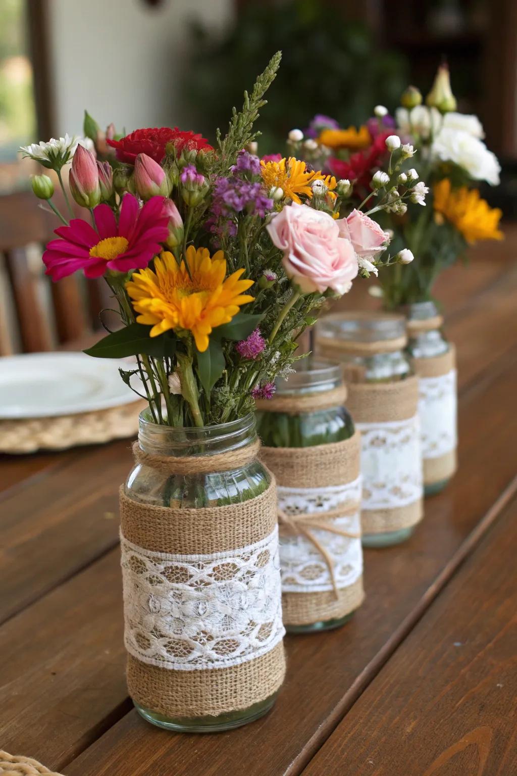 Charming burlap and lace jar centerpiece