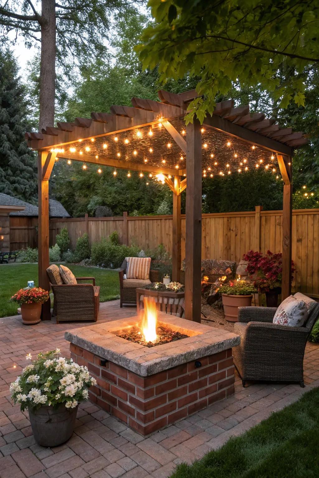 A pergola adds charm and function to this inviting fire pit area.