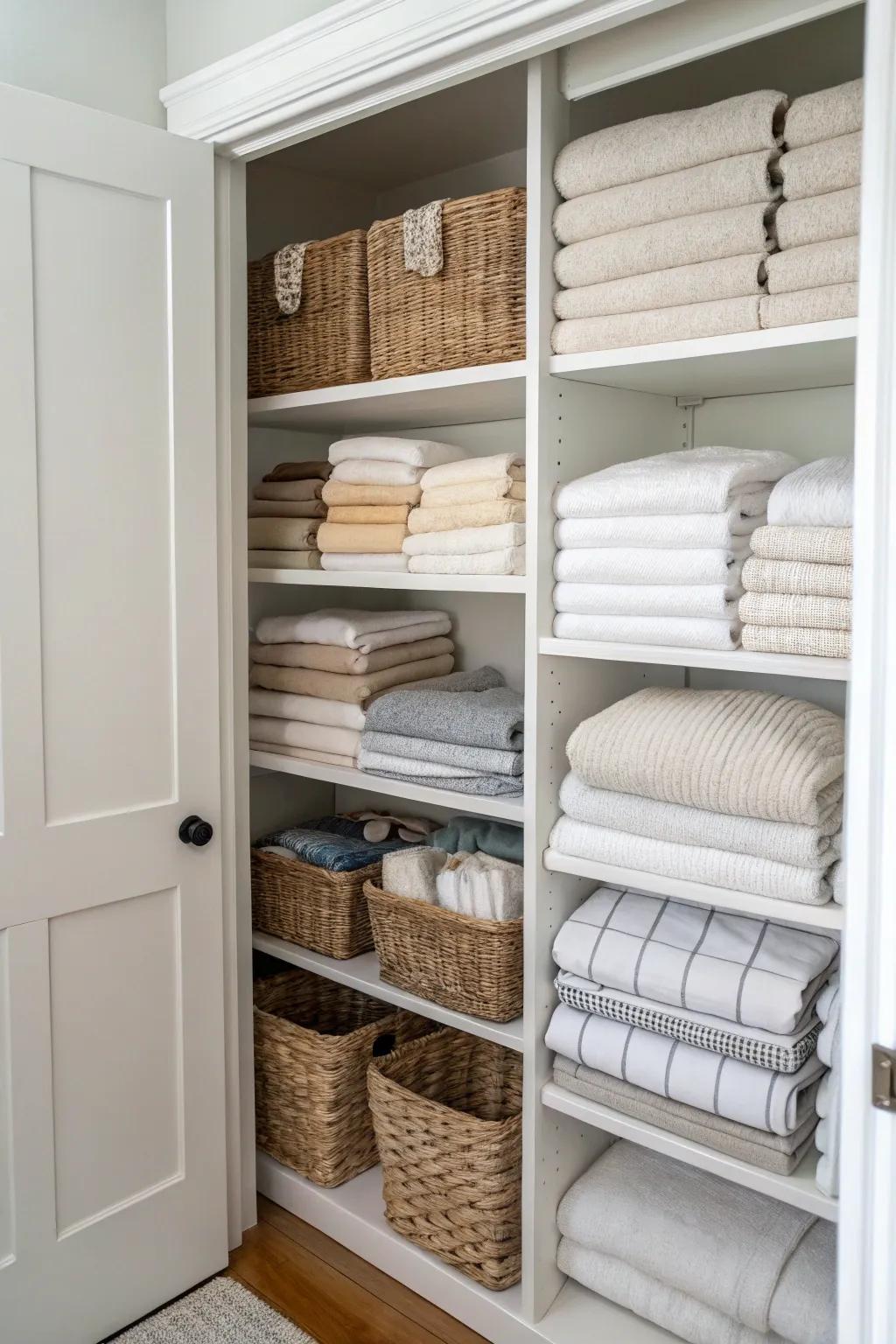 Adjustable shelving makes linen closets more functional and tidy.