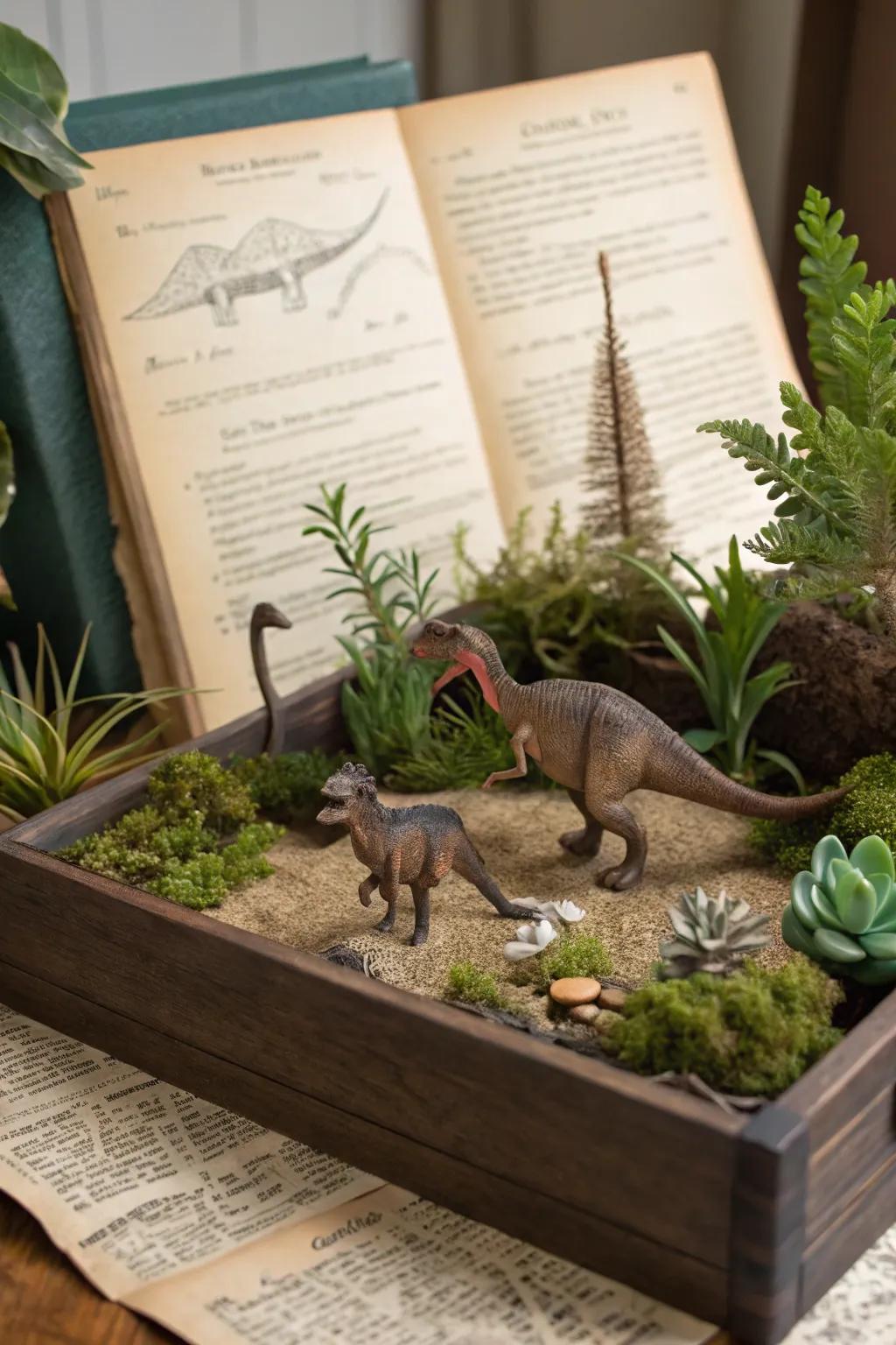 Bring nostalgia and whimsy with a vintage dinosaur diorama centerpiece.