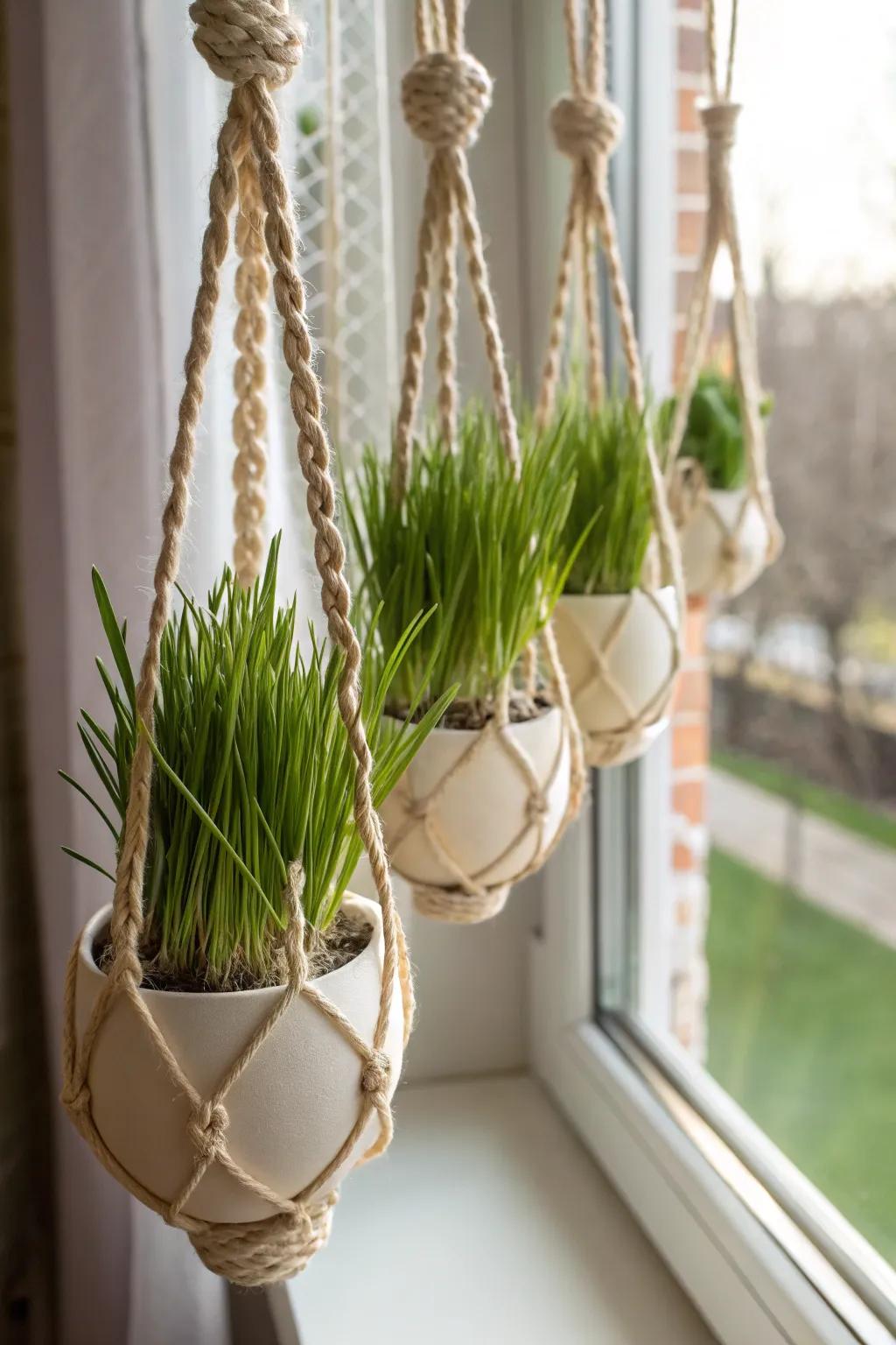 Macrame wheat grass eggs bring a fresh and bohemian touch to your decor.