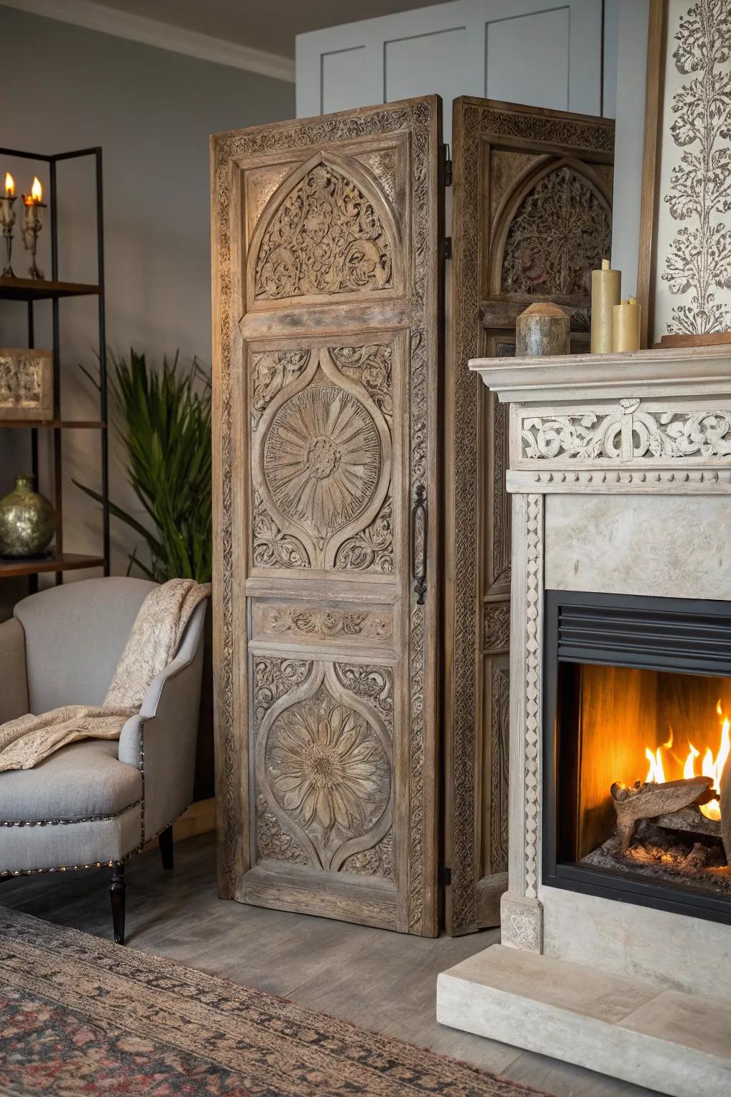 Elevate your space with a touch of history: an antique door transformed into a stunning fireplace screen.