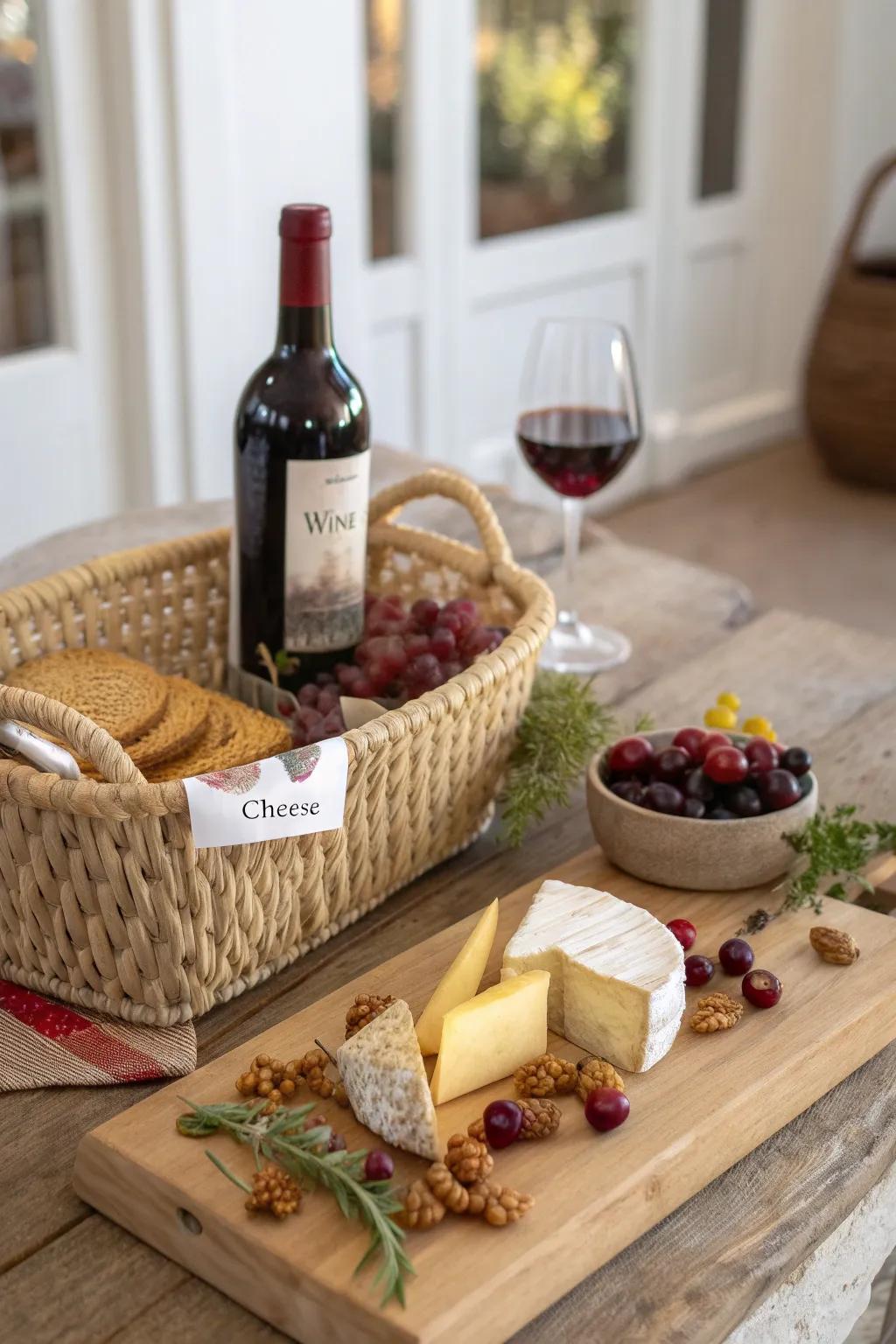 Elevate your gifting with a touch of elegance and simplicity – the perfect wine and cheese basket for any occasion.