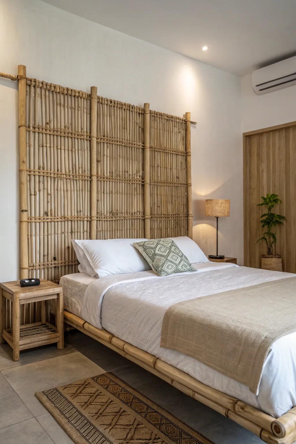 Bamboo reeds offer a natural and minimalist headboard solution.