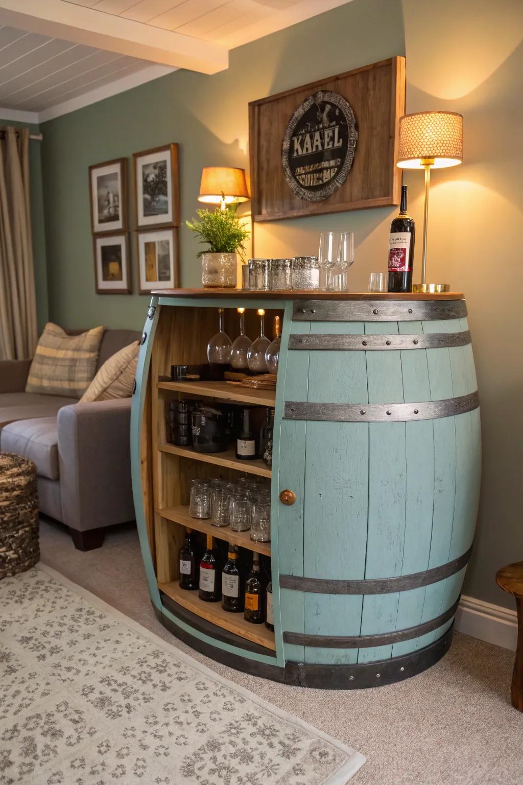 An upcycled barrel becomes a rustic yet stylish home bar, perfect for any decor.