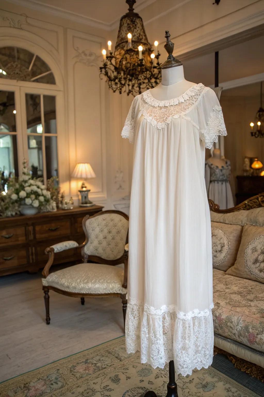 A t-shirt dress with lace trim, adding a touch of elegance and femininity.