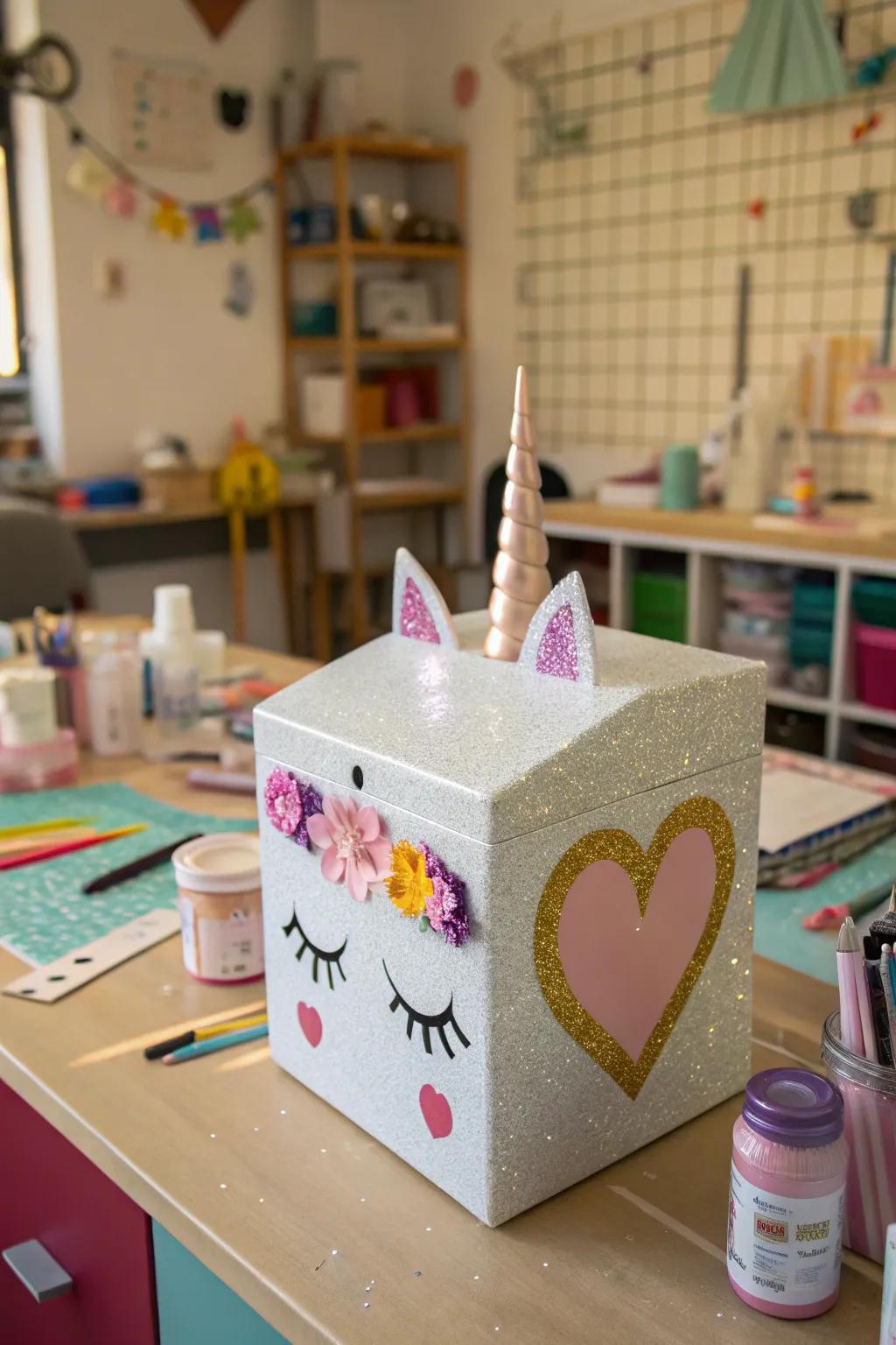 Sparkling glitter glue adds charm to this unicorn valentine box.