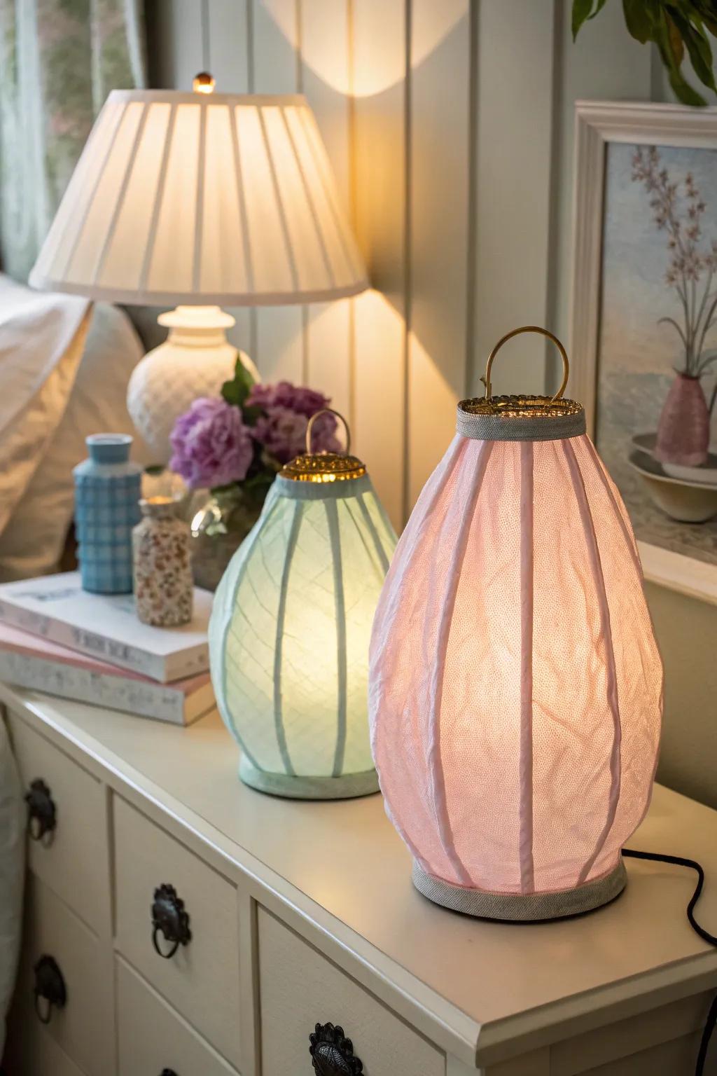 Fabric lanterns offer a soft, cozy light perfect for bedrooms.