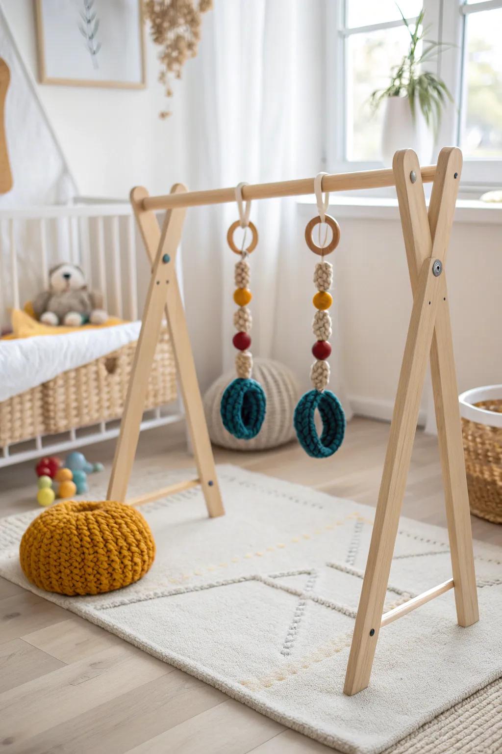 Crafted with love: A minimalist wooden baby gym that blends Scandinavian simplicity with Boho charm. Perfect for nurturing playtime adventures!