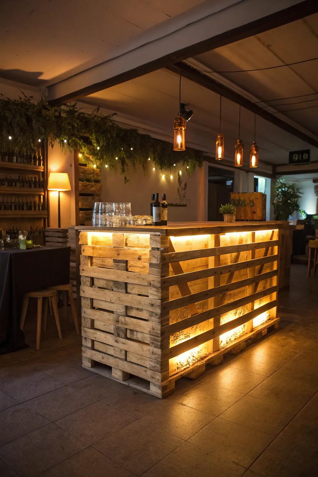 A pallet bar with ambient lighting, perfect for setting the mood.