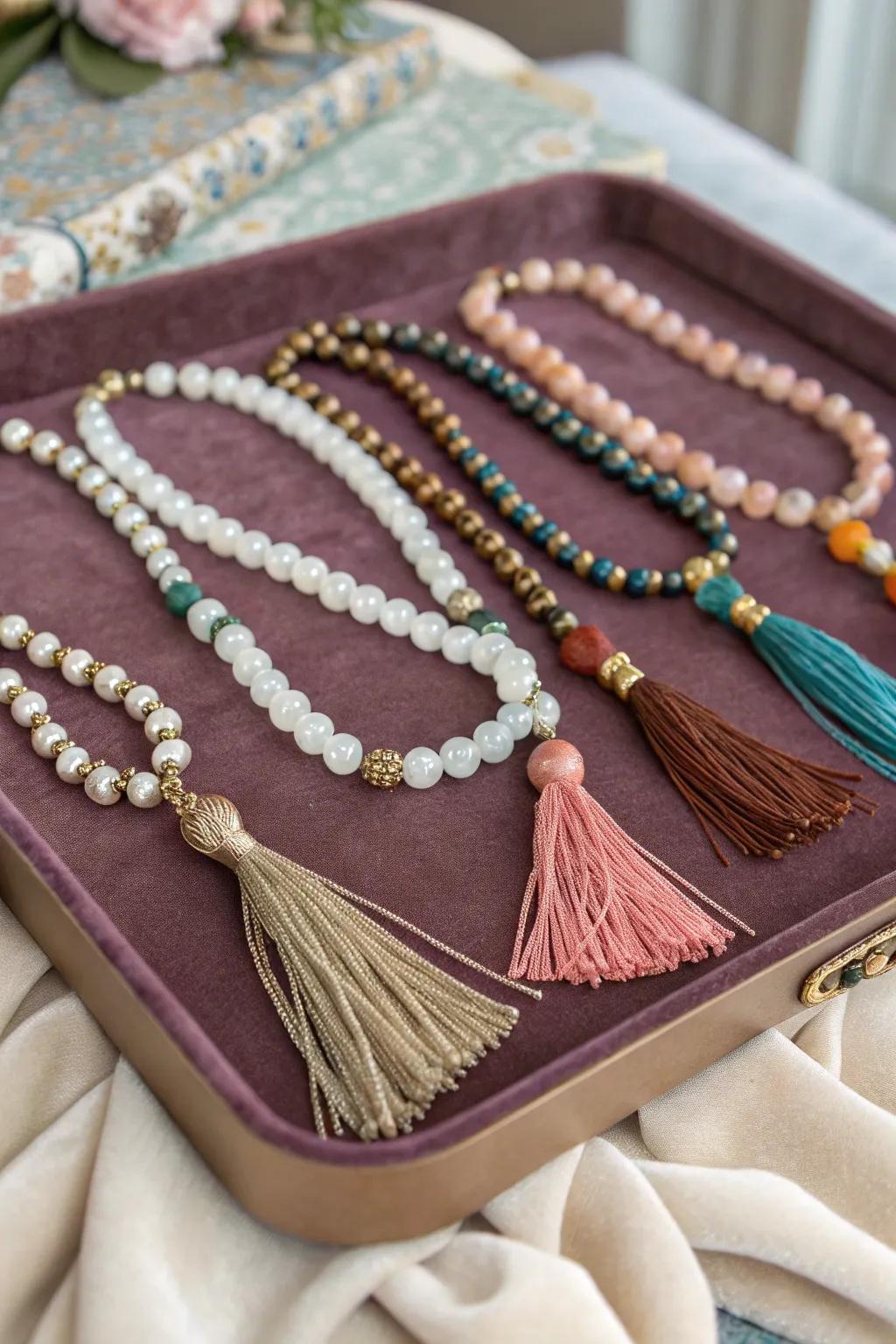 Chic beaded necklaces with tassels, a personalized fashion statement.