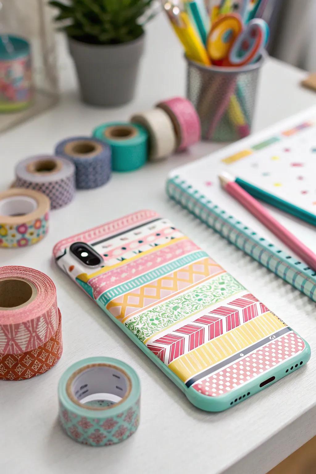 Create dynamic designs with washi tape on your phone case.