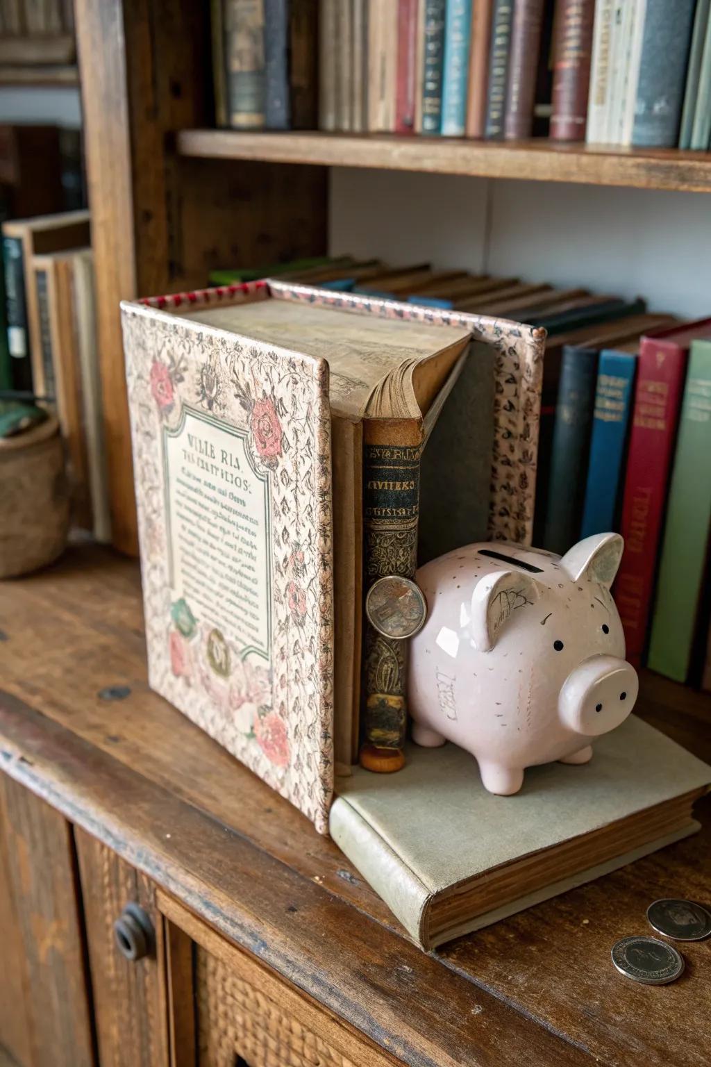 Literary upcycled book piggy bank.