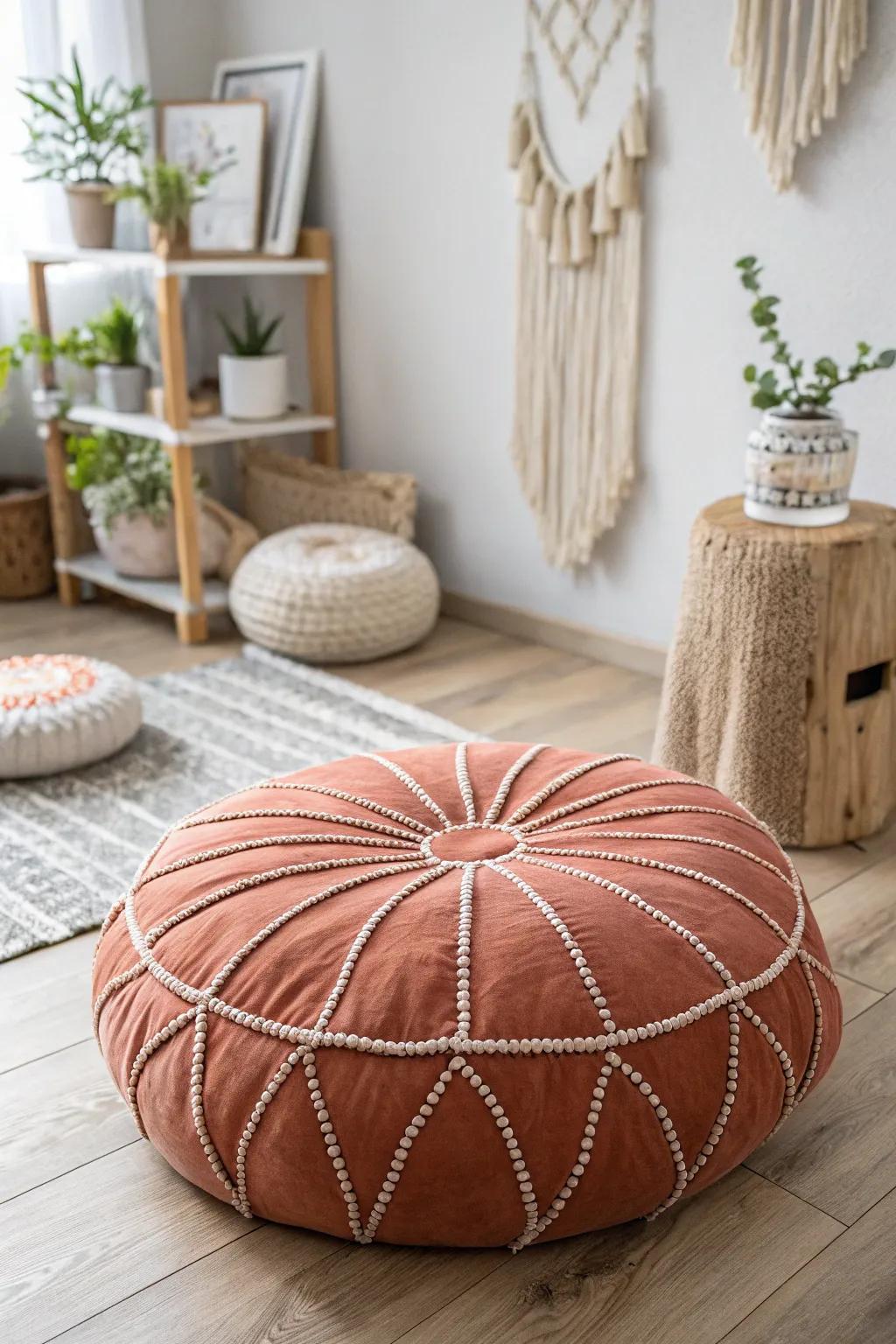 Add a touch of boho elegance to your space with a handcrafted round floor cushion—comfort meets style!