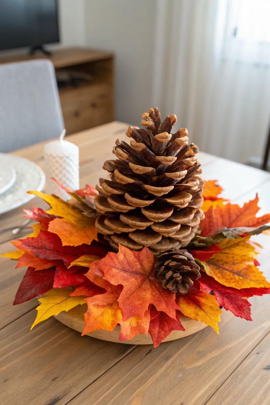 Embrace the beauty of fall with this minimalist pine cone and leaf centerpiece.