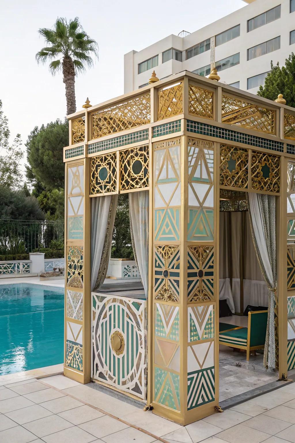 An Art Deco cabana adds vintage glamour and bold design to your poolside.