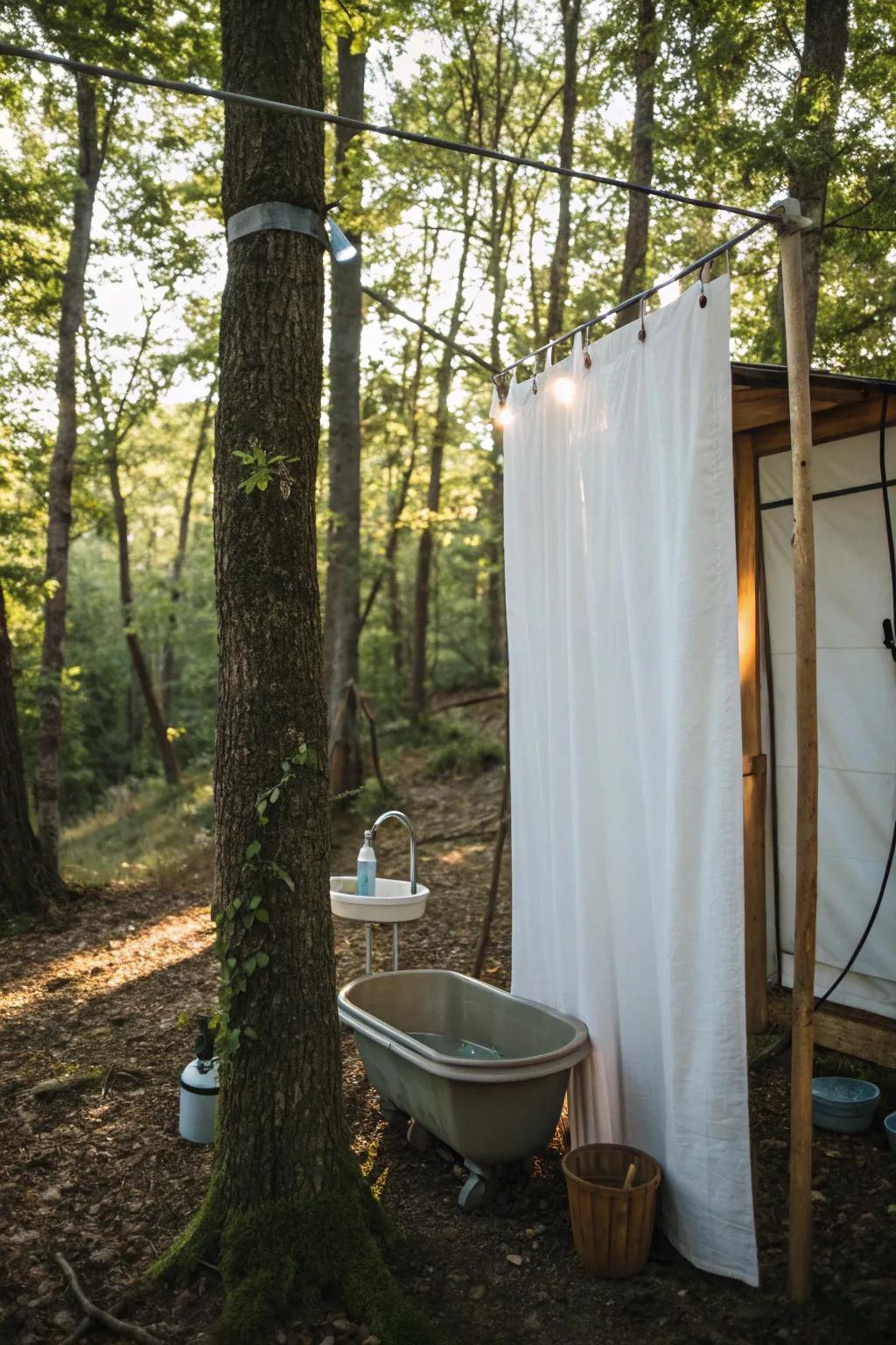 A practical makeshift shower using a curtain and rope.