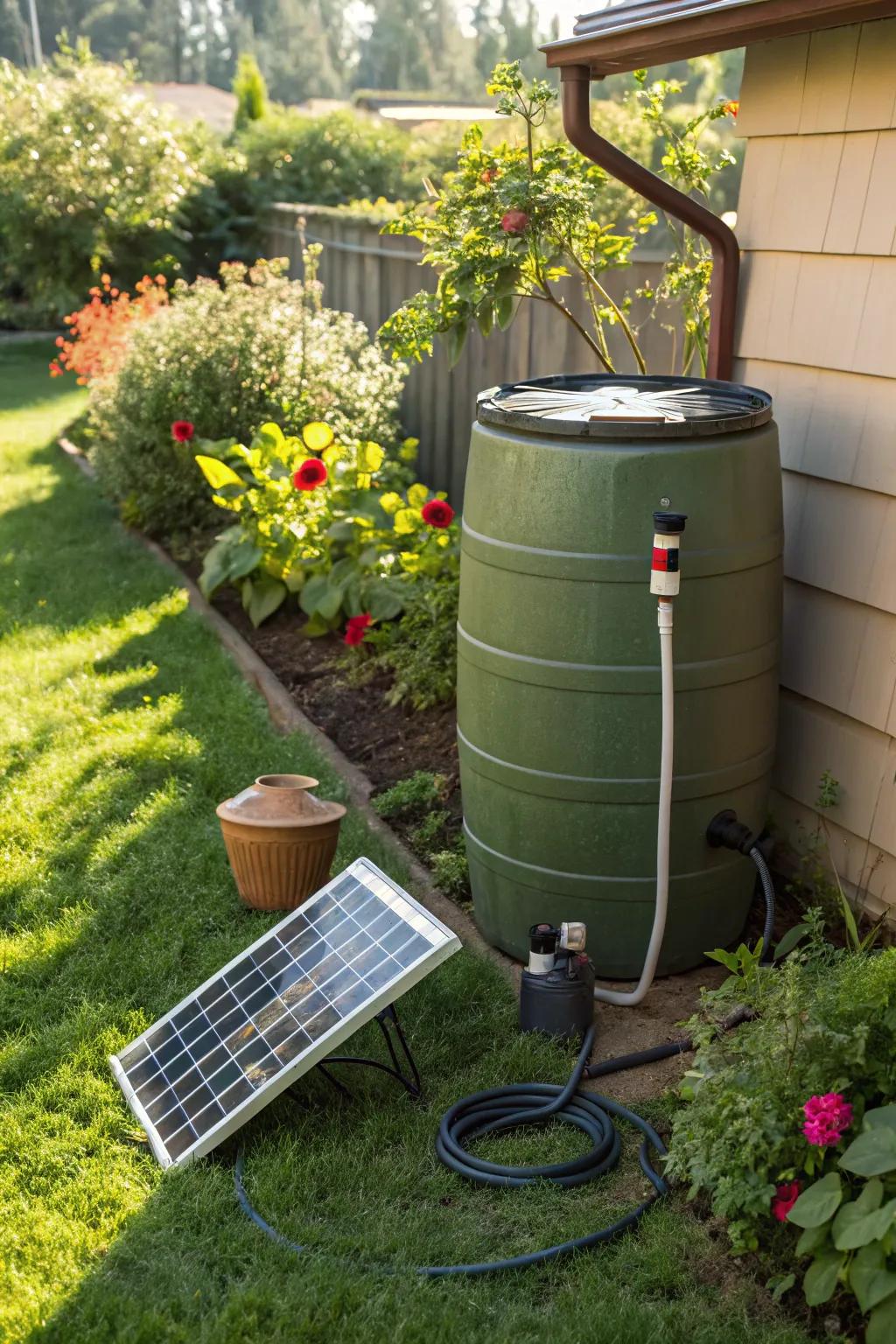 A solar-powered pump makes watering gardens from a rain barrel efficient and eco-friendly.