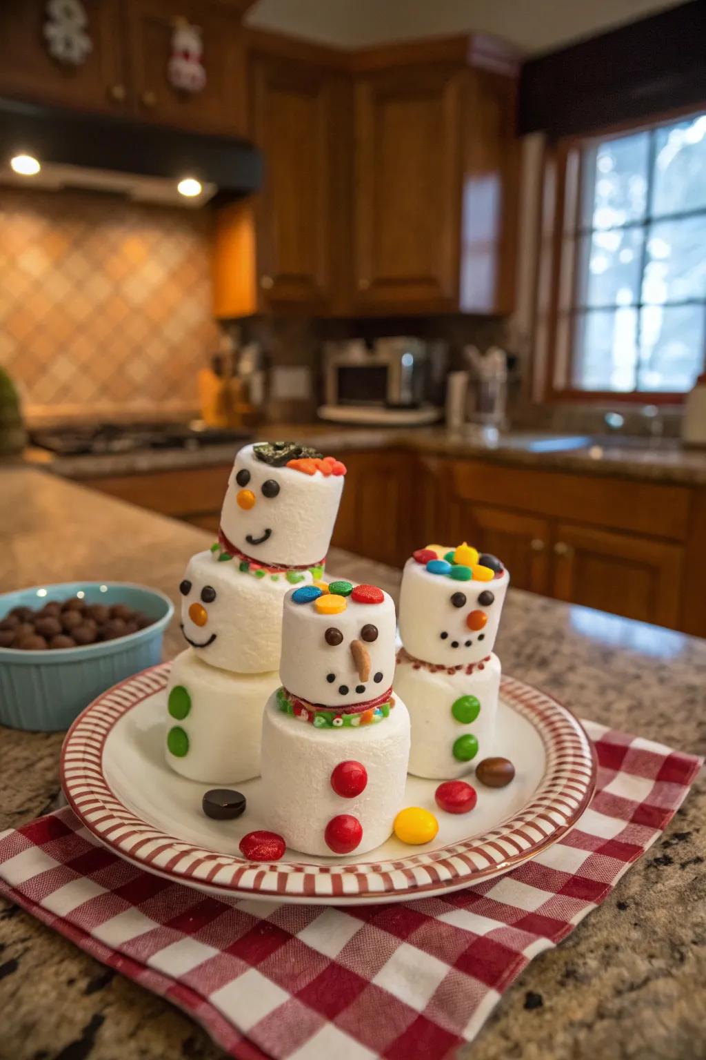 Delicious and decorative, these marshmallow snowmen are a treat!