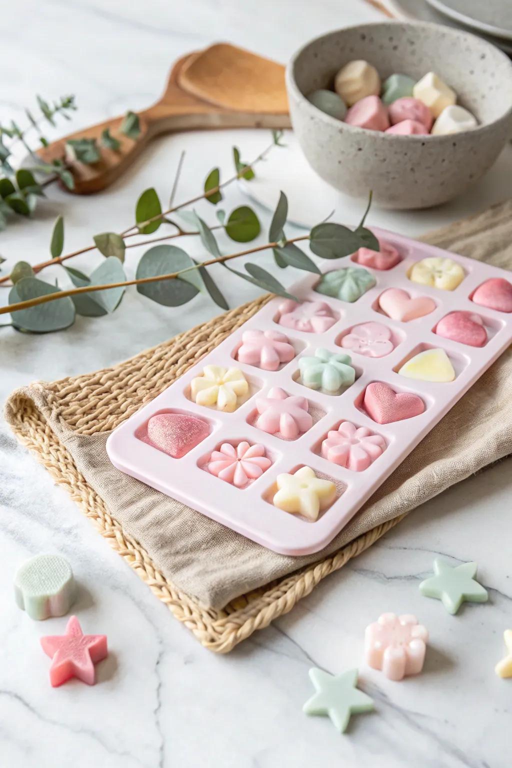 Transform candy molds into enchanting mini soaps for a touch of elegance and whimsy.