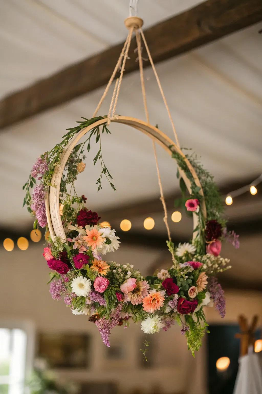 A flower chandelier adds a whimsical and fresh touch to any space.